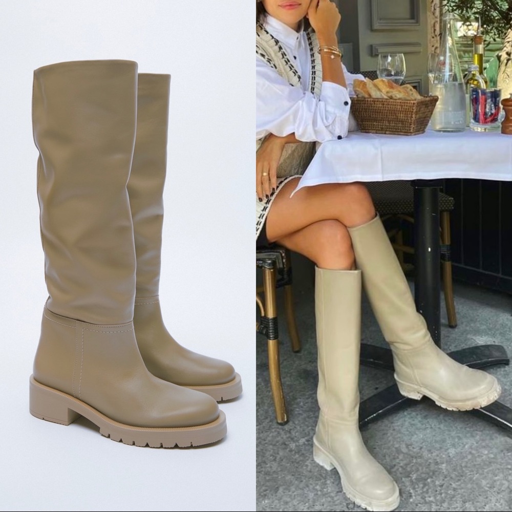 Zara leather knee high boots taupe grey